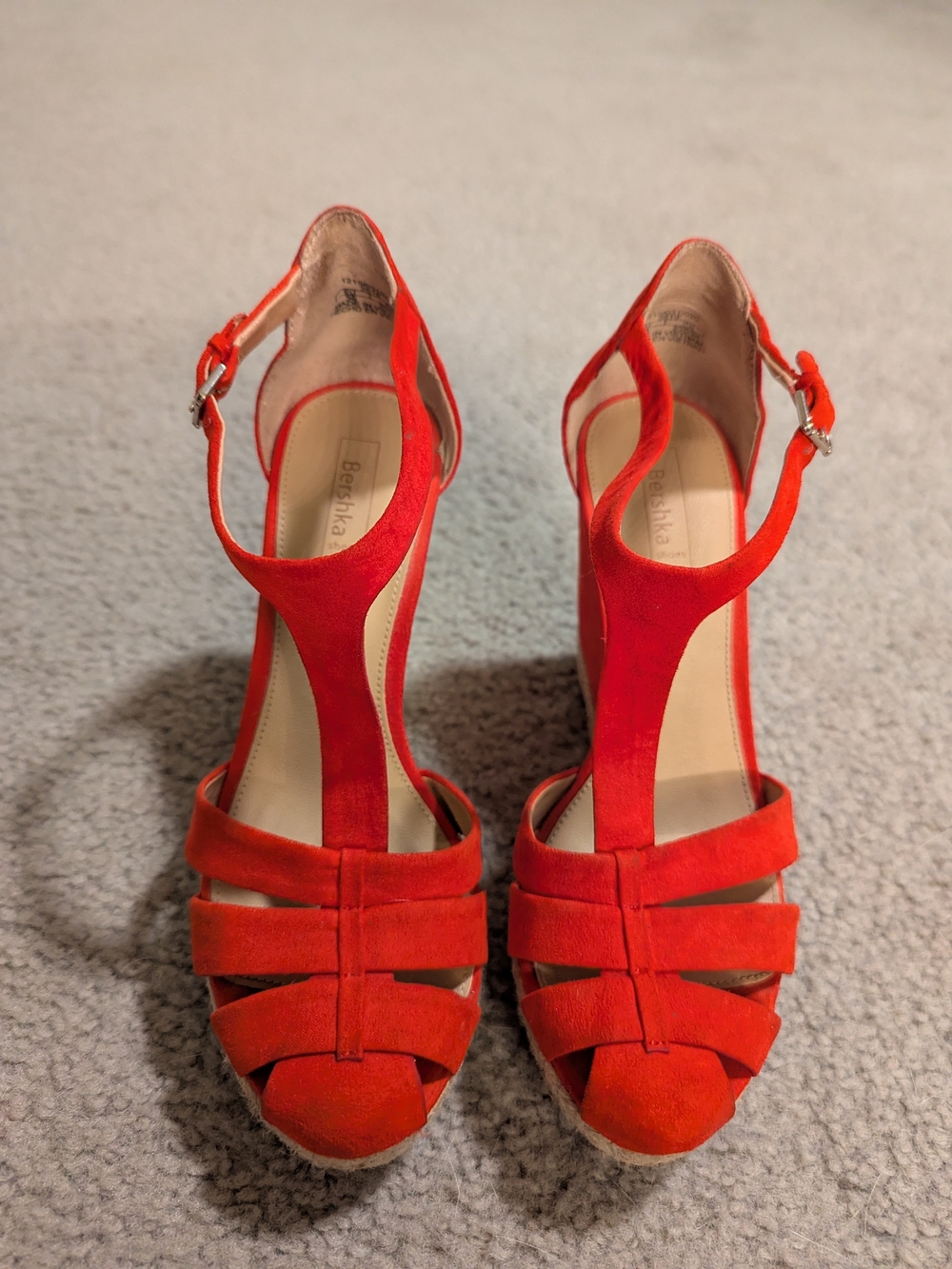 Bershka Bright Red Suede Platform T-Strap Heels